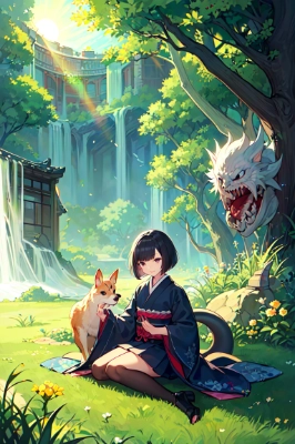 神秘的なお庭にお姉さんとモンスター