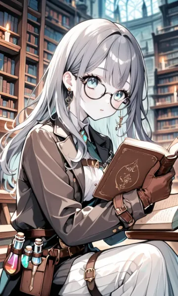 図書館で調べものをしている錬金術師の女の子