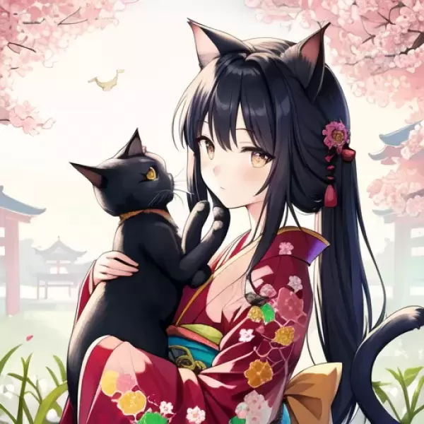 和服猫耳娘と猫「新年宜しくお願いします」