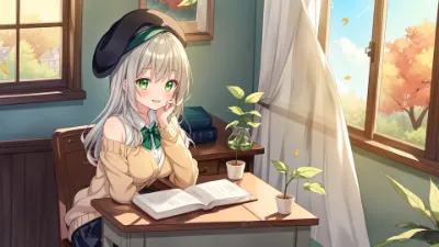 秋の窓辺で本をめくる少女