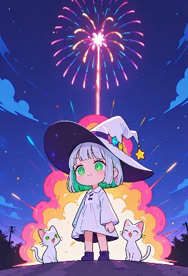 夏の夜空で花火を見る魔女と猫たち