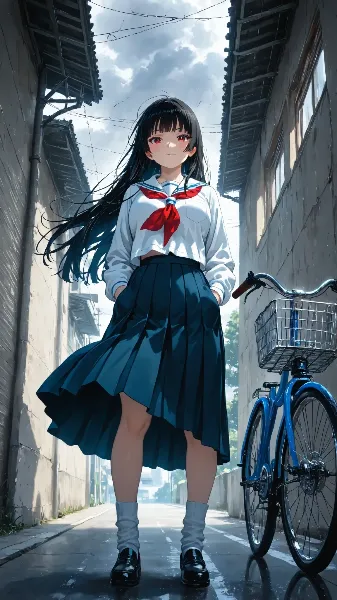 雨上がりの路地で風に揺れる少女