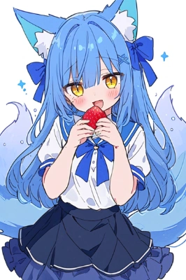 イチゴを食べる猫耳少女