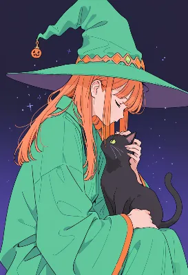 星空の下で黒猫を抱く魔女の夜