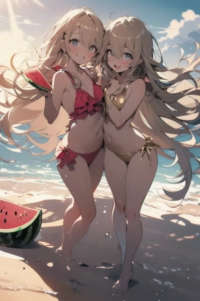 ビーチで佇む金色の髪の姉妹