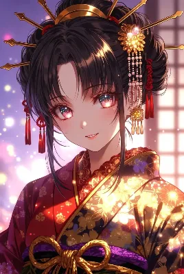 宵の光に輝く和装美女