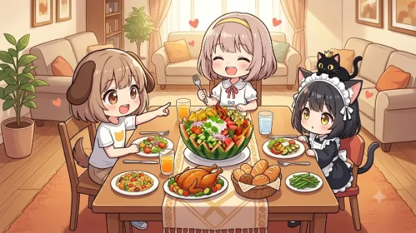 サラダのある食事風景