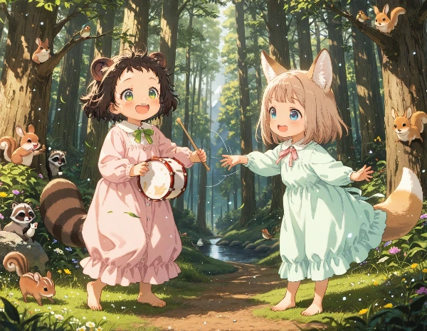 コン子とポン子・太鼓で遊んだ