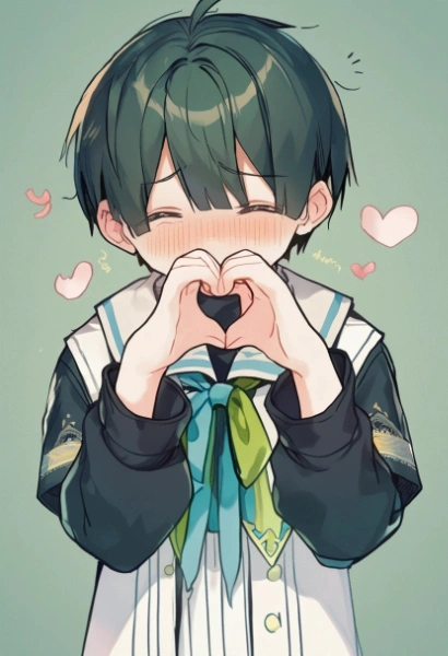 恥じらいながら手でハートを作るショタ