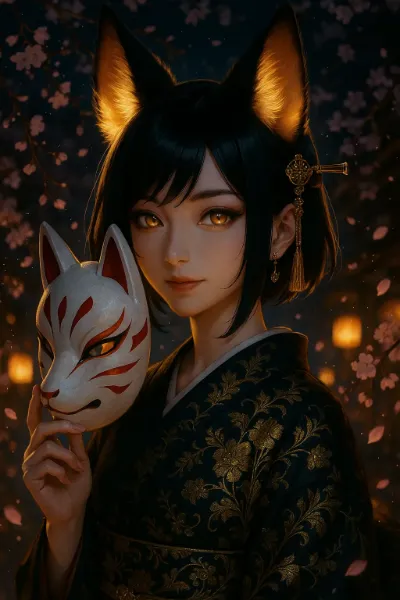 桜舞う夜の狐面少女