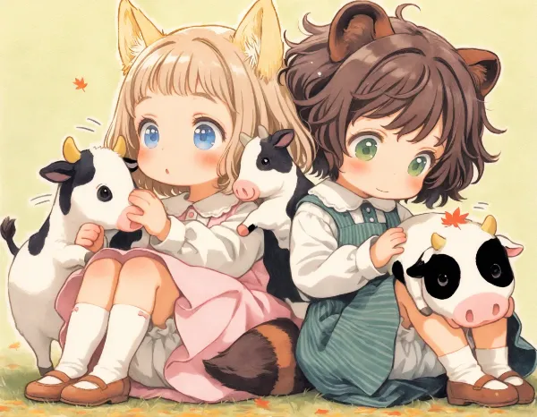 コン子とポン子・牧場で牛さんと遊んだ