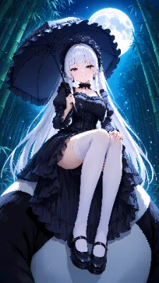 月夜の竹林でパンダに腰かけて
