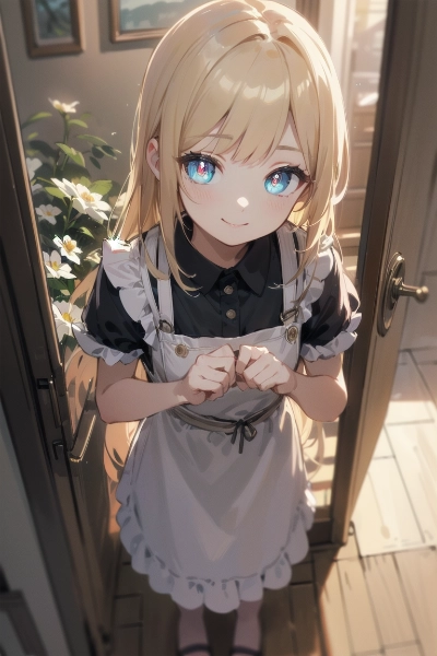 玄関で出迎える金色の髪の少女