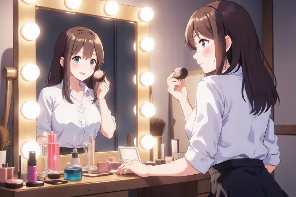 鏡の前で輝く準備の瞬間
