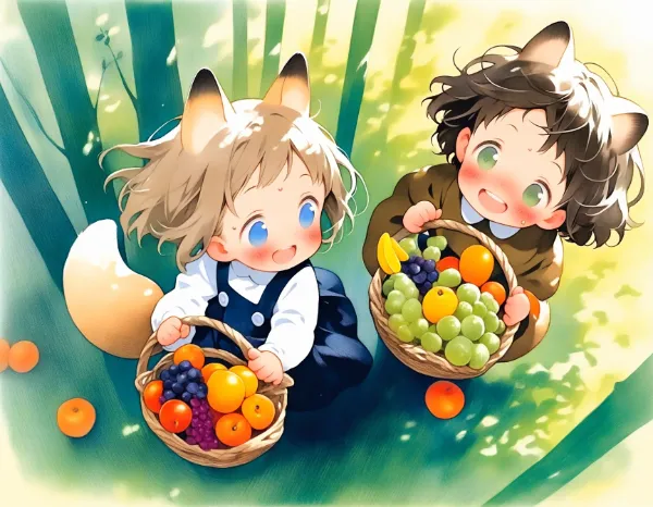 コン子とポン子・頑張って果物を集めた