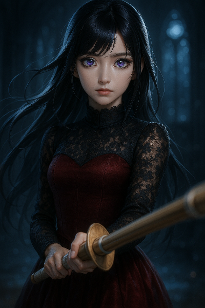 月夜の森に佇む紅の剣士