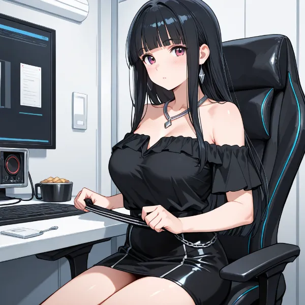 深夜オフィスのクールビューティ(腕のヒラヒラが胸につながって)