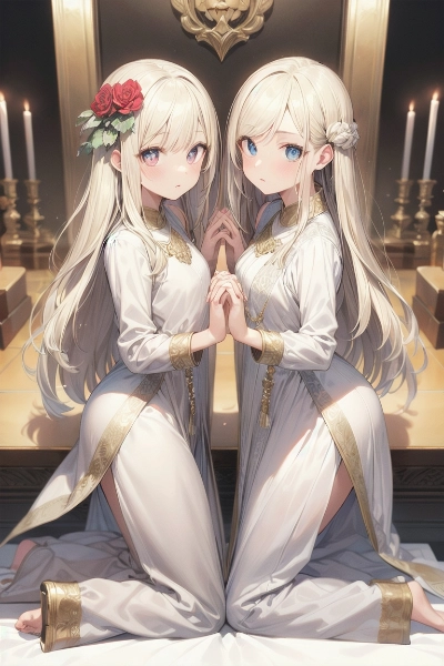 神殿で祈りを捧げる金色の髪の姉妹