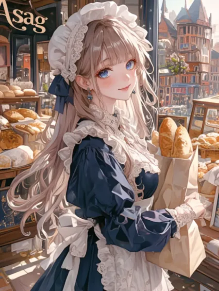 朝のパン屋で微笑むメイド
