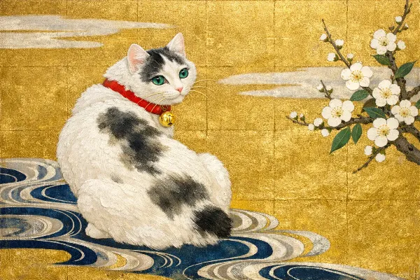 桜の川辺に佇む鈴猫の春物語