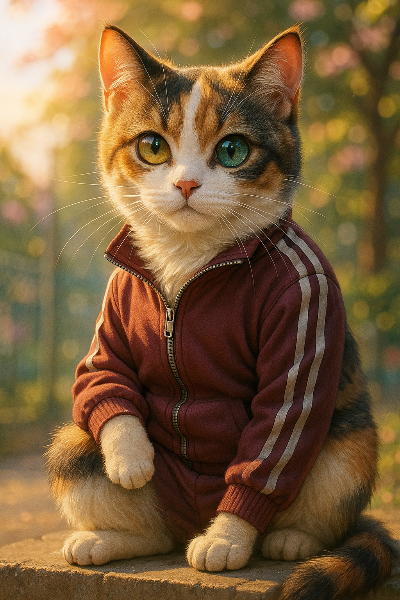 夕暮れの冒険家、三毛猫の休息