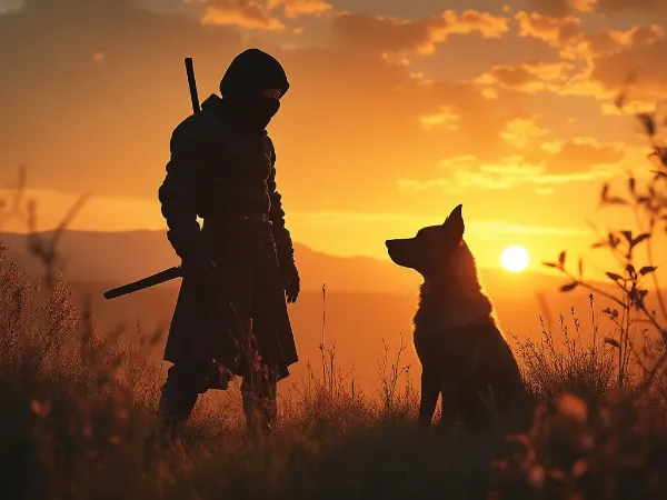 夕焼けと犬と忍者