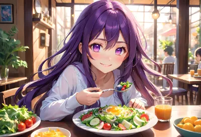 陽光のカフェでサラダを味わう紫髪の少女