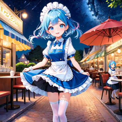 夜の青髪ウエイトレスさん