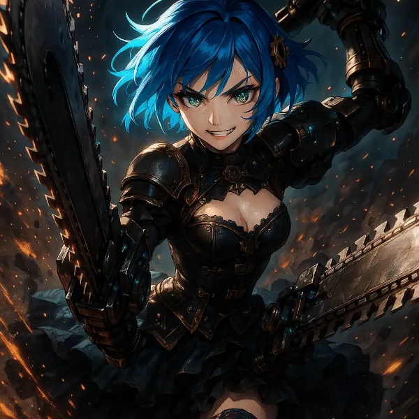 青髪の戦士、炎に舞うチェーンソーの旋律