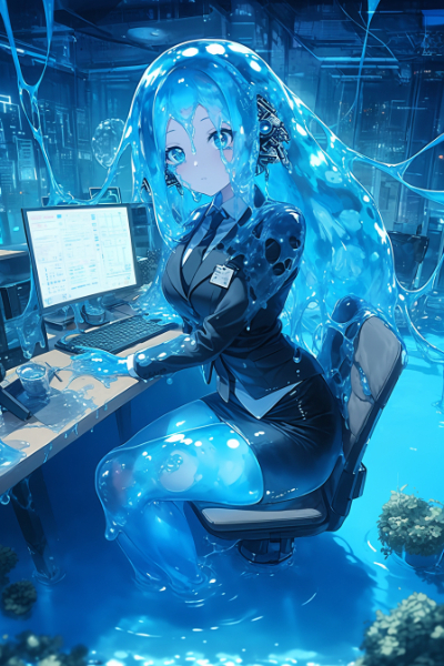オフィスでお仕事中のサイボーグスライム娘