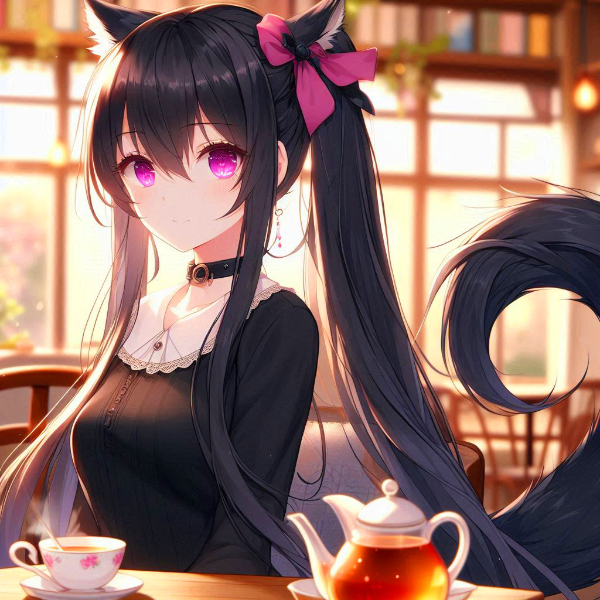 休暇に紅茶を飲む、黒髪ツインテール少女＊(4枚)