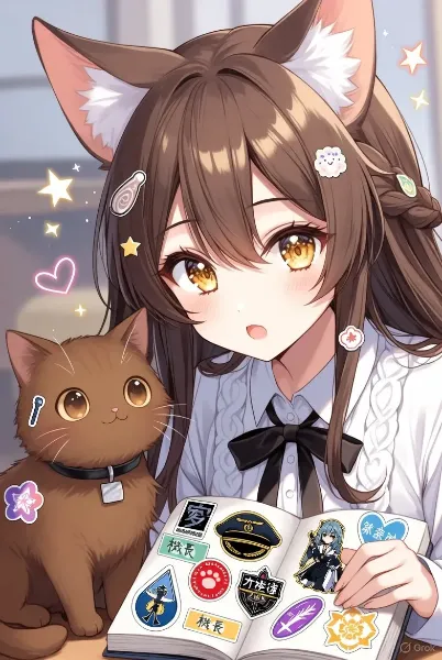 機長のステッカーを集めてノートに貼ることが好きな少女と猫