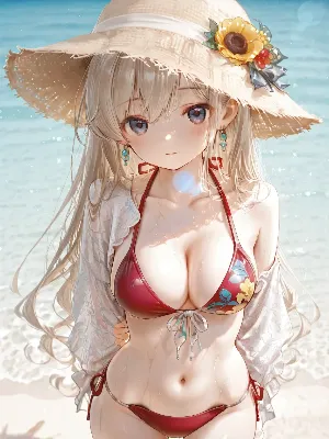 陽射しに輝く海辺のひまわり少女