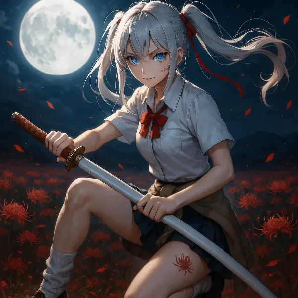 月下の剣士少女と赤い花の秘密