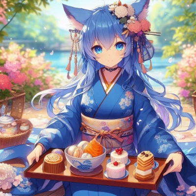 和のティータイムな青髪猫耳さん