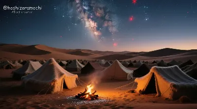 夜は、砂の上に眠る人々の夢を、星が抱きとめる——⛺