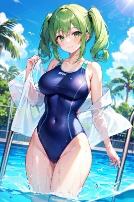 スク水でプールサイド