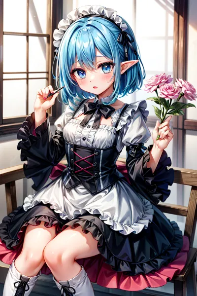 花束を抱くエルフメイドの優しい休日