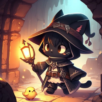 頭の上に小さなヒヨコが乗っかっている黒猫の顔の魔導士のかわいいキャラがダンジョン内を探索する