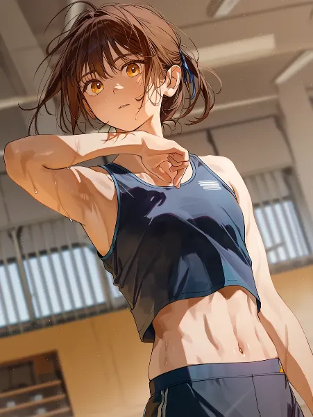 汗と決意の体育館少女。