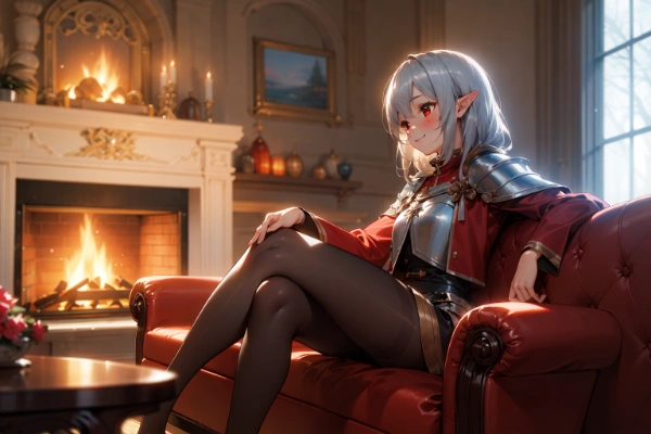 暖炉であたたまるエルフ