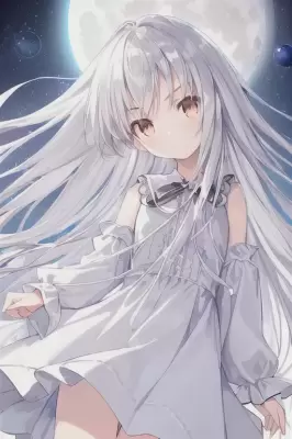 月と白い髪の女の子