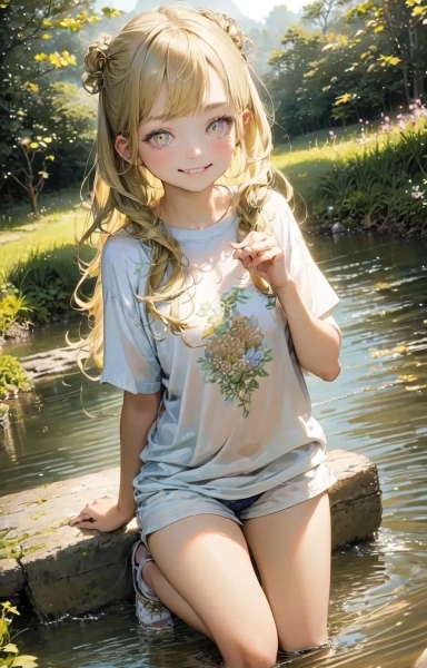 水辺で佇む金色の髪の少女