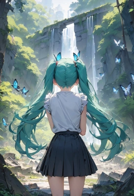 森の聖域で佇むミクの後ろ姿
