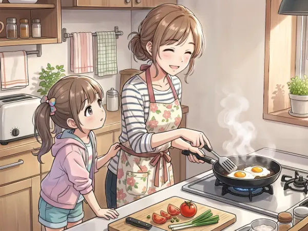 朝のキッチンで母娘の絆