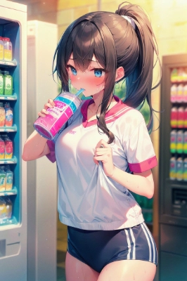 暑い夏の部活終わり、水分補給をしている少女