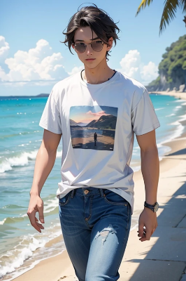 海辺を歩く青年