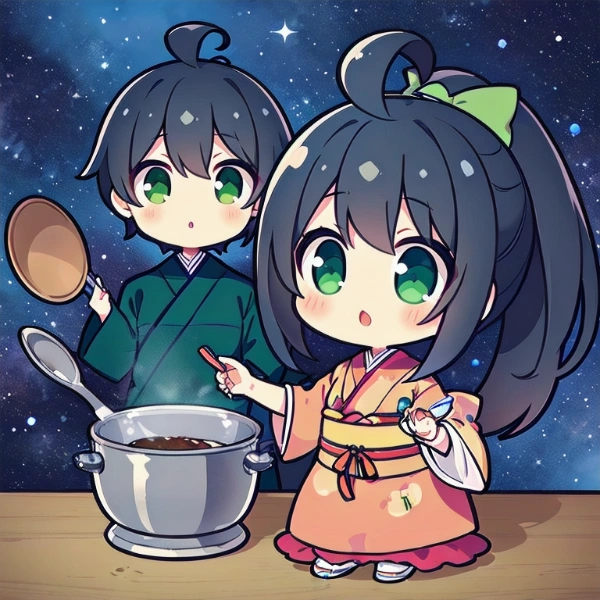 星空でなべ料理をする織姫彦星