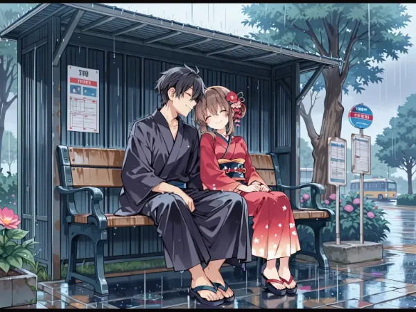 雨のバス停で寄り添う和装の二人