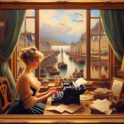 手紙を打つ港の女性